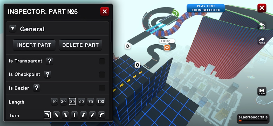 Track editor in Satura: a part inspector while building over a city.
