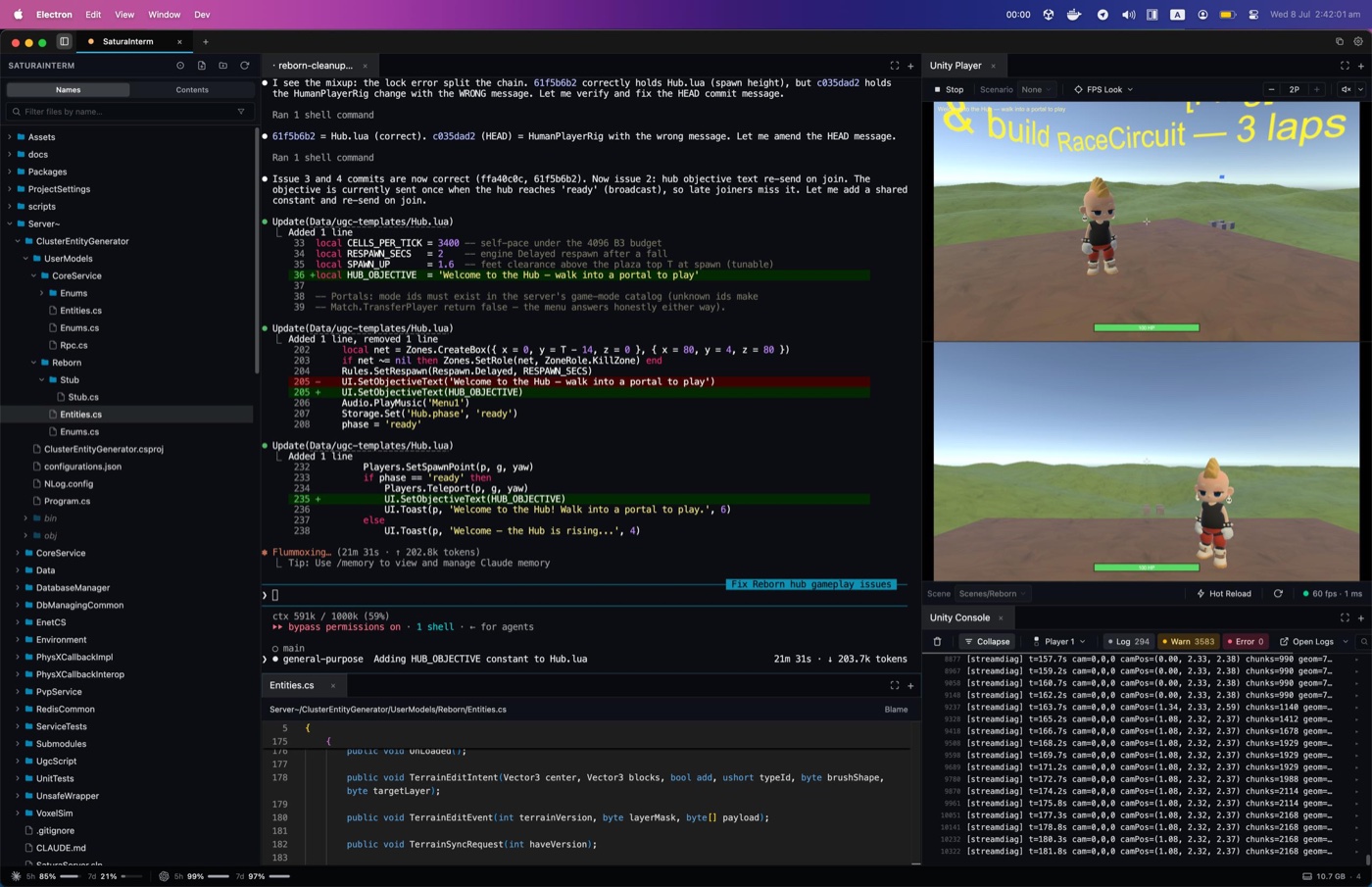 The Satura Space desktop app: a coding agent editing the Unity project on the left, two live game streams and the Unity console on the right.